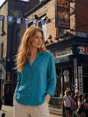 Talbots 100% Irish Linen Size 12 Turquoise Shirt